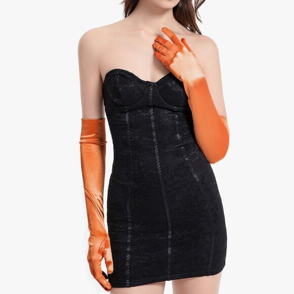 Long Satin Opera Orange Gloves - Picture 3 of 6